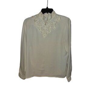Vintage 80s Karen Scott Victorian Lace Collar Blouse W Pearl Buttons Prairiecore